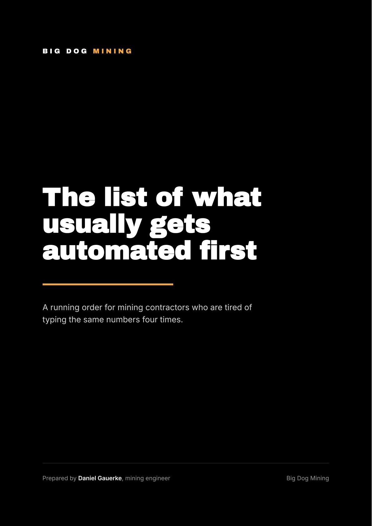Cover of the guide: The list of what usually gets automated
                  first, a running order for mining contractors.