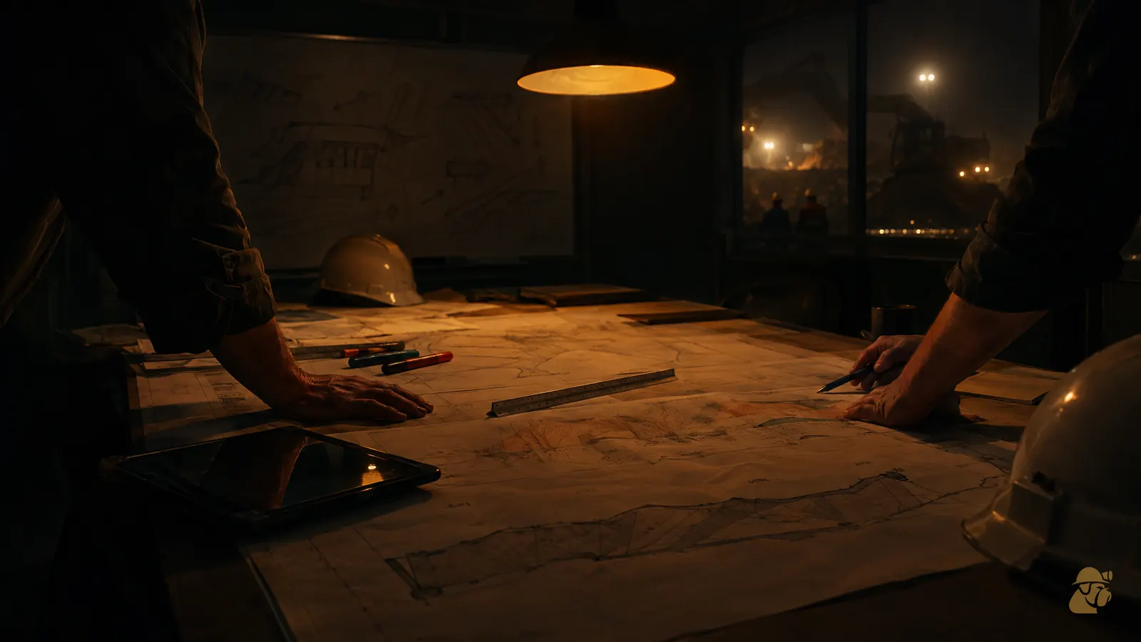 Two engineers leaning over mine plans and cross-sections on a site office table at night, hard hats and a scale ruler beside them