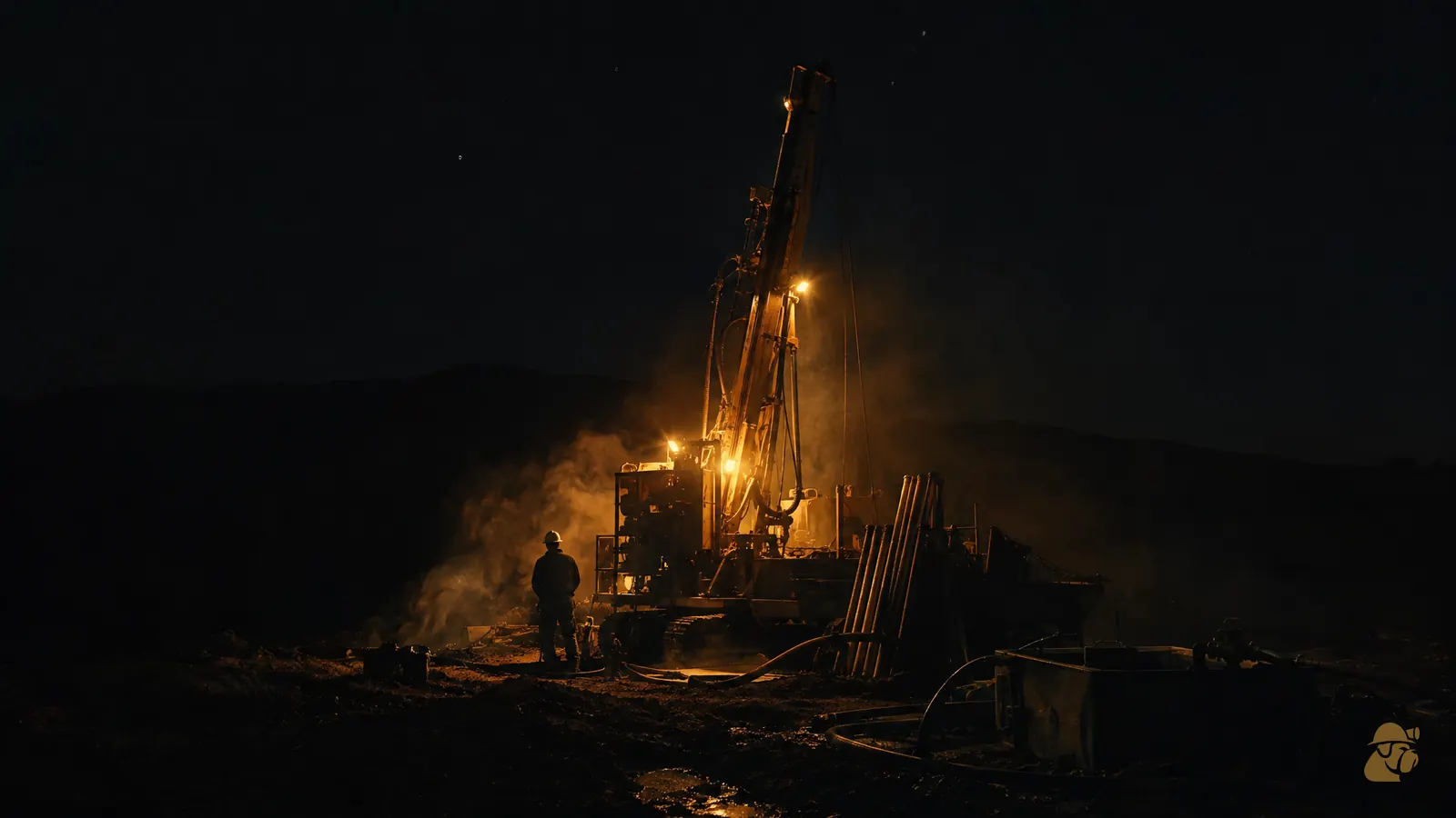 An exploration drill rig on a hillside at night under its own work lights
