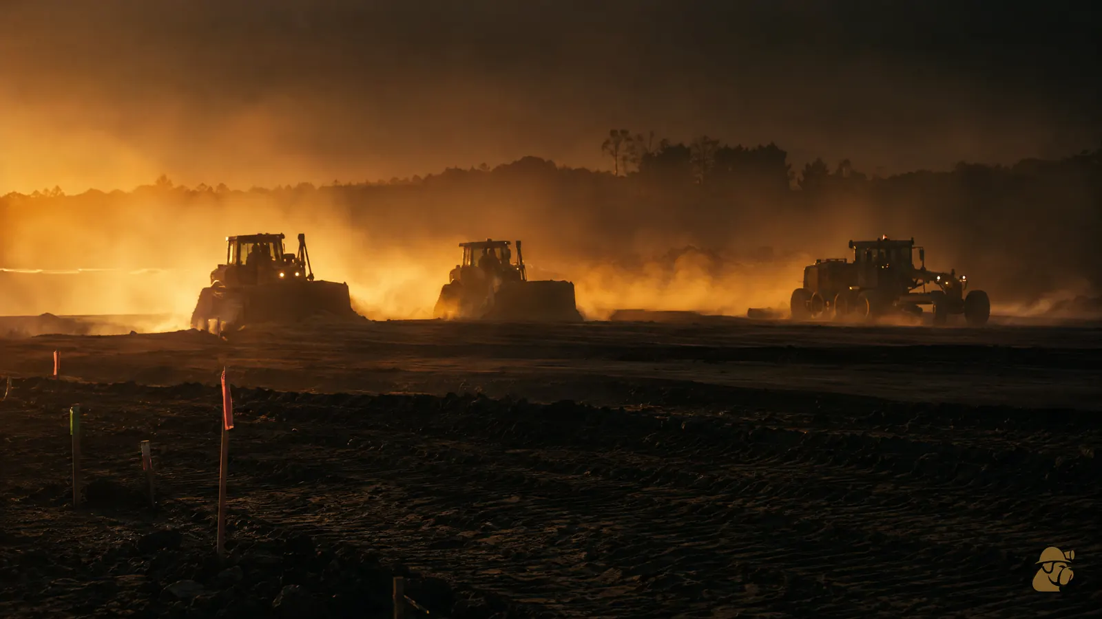 Dozers pushing fill across a graded pad in low amber dust