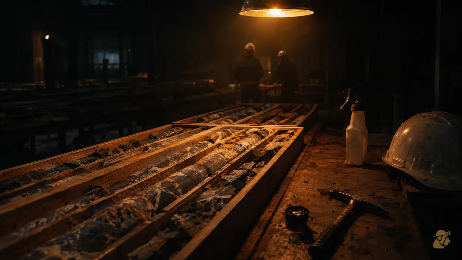 Trays of split drill core under a work lamp, with a hand lens and rock hammer