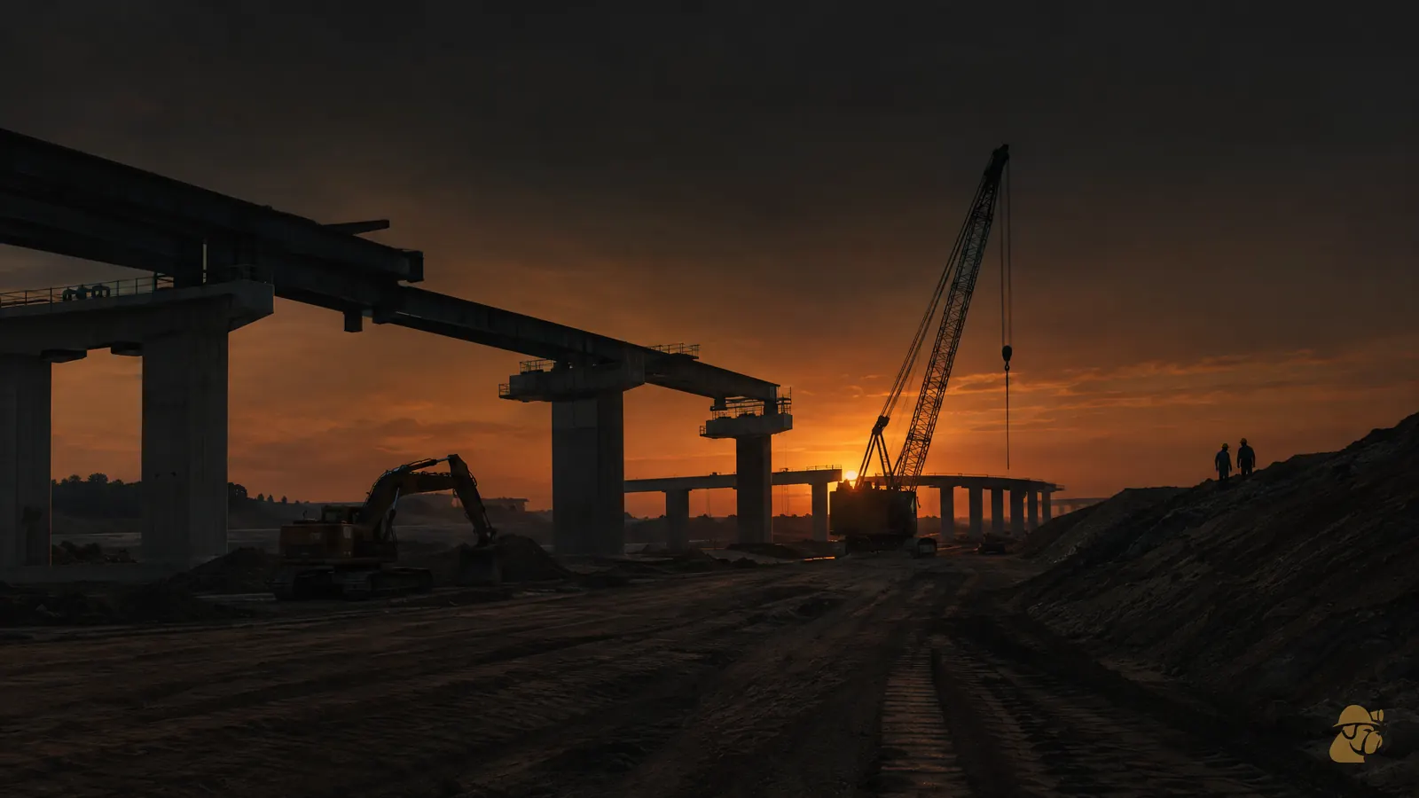 Bridge piers and girders going up over a fresh earthworks cut at dusk