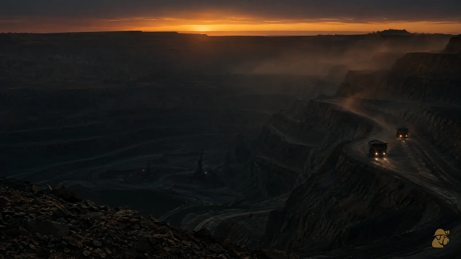 An open pit at first light, two haul trucks climbing the ramp