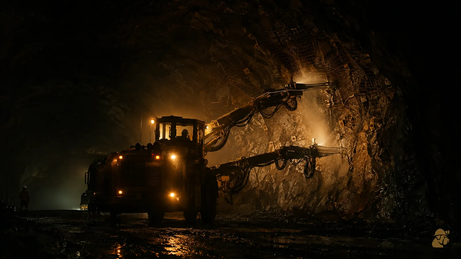 A twin-boom drill jumbo drilling a round at an underground heading, lit by its own work lights