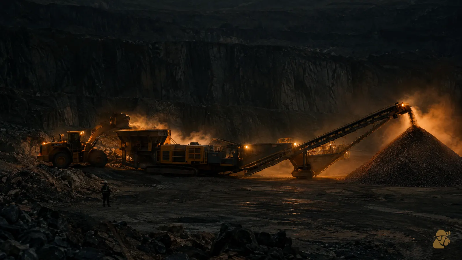 A wheel loader feeding a mobile crusher in a hard-rock quarry, a stockpile building
