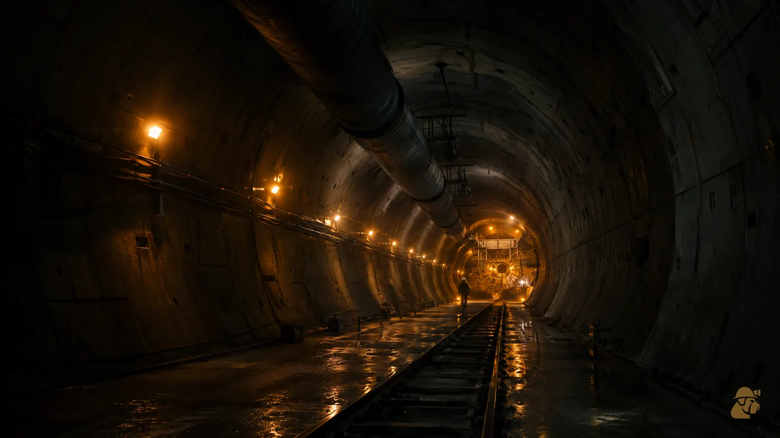 A segment-lined tunnel running back to the glow of a boring machine gantry
