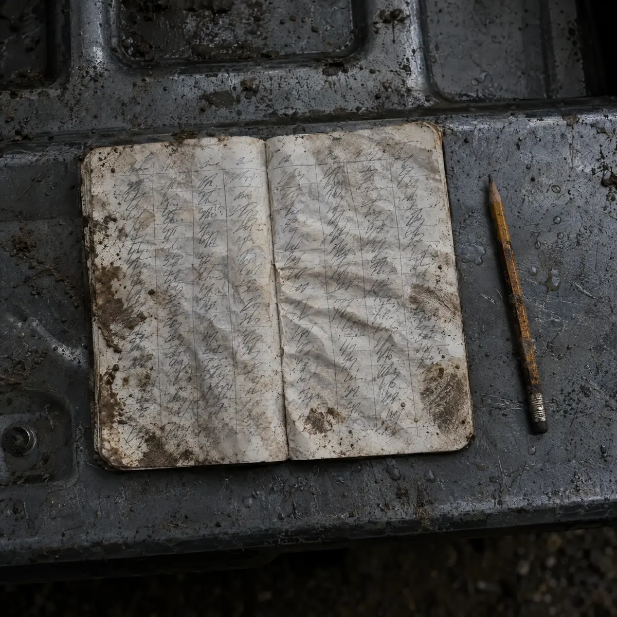 A field notebook of handwritten daily report entries, wet and muddy, on a steel tailgate