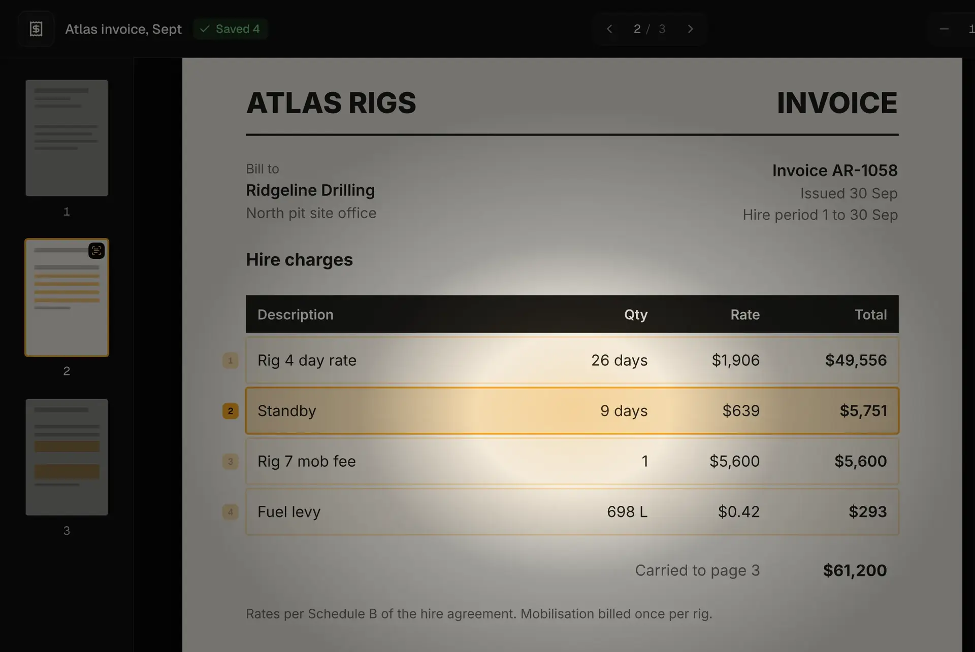 Big Dog OS reading a demo supplier invoice line by line, each answer lit against the row it came from