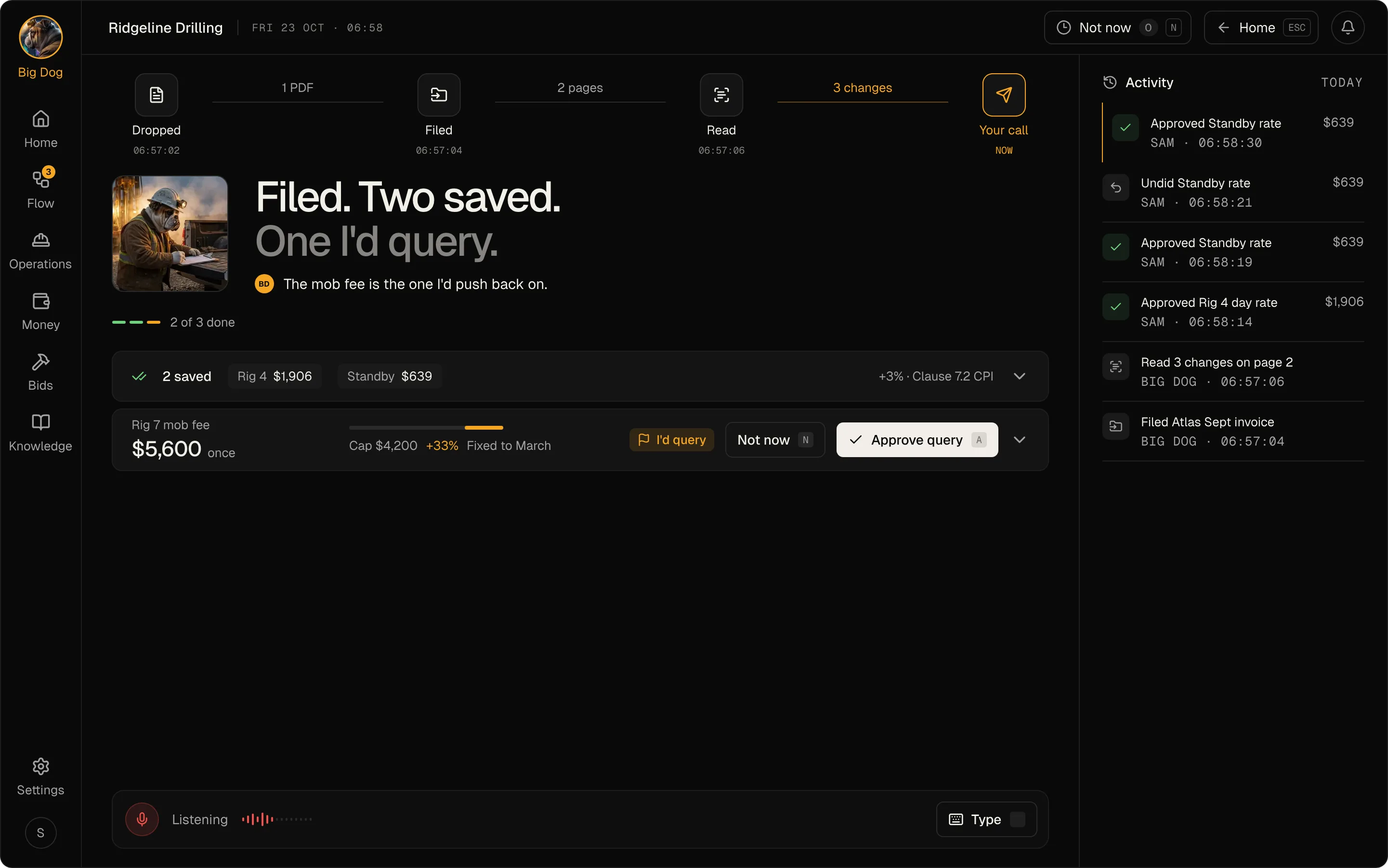 Invoice review: the charge Big Dog would query waits on Approve, and the activity log shows who approved what, to the second
