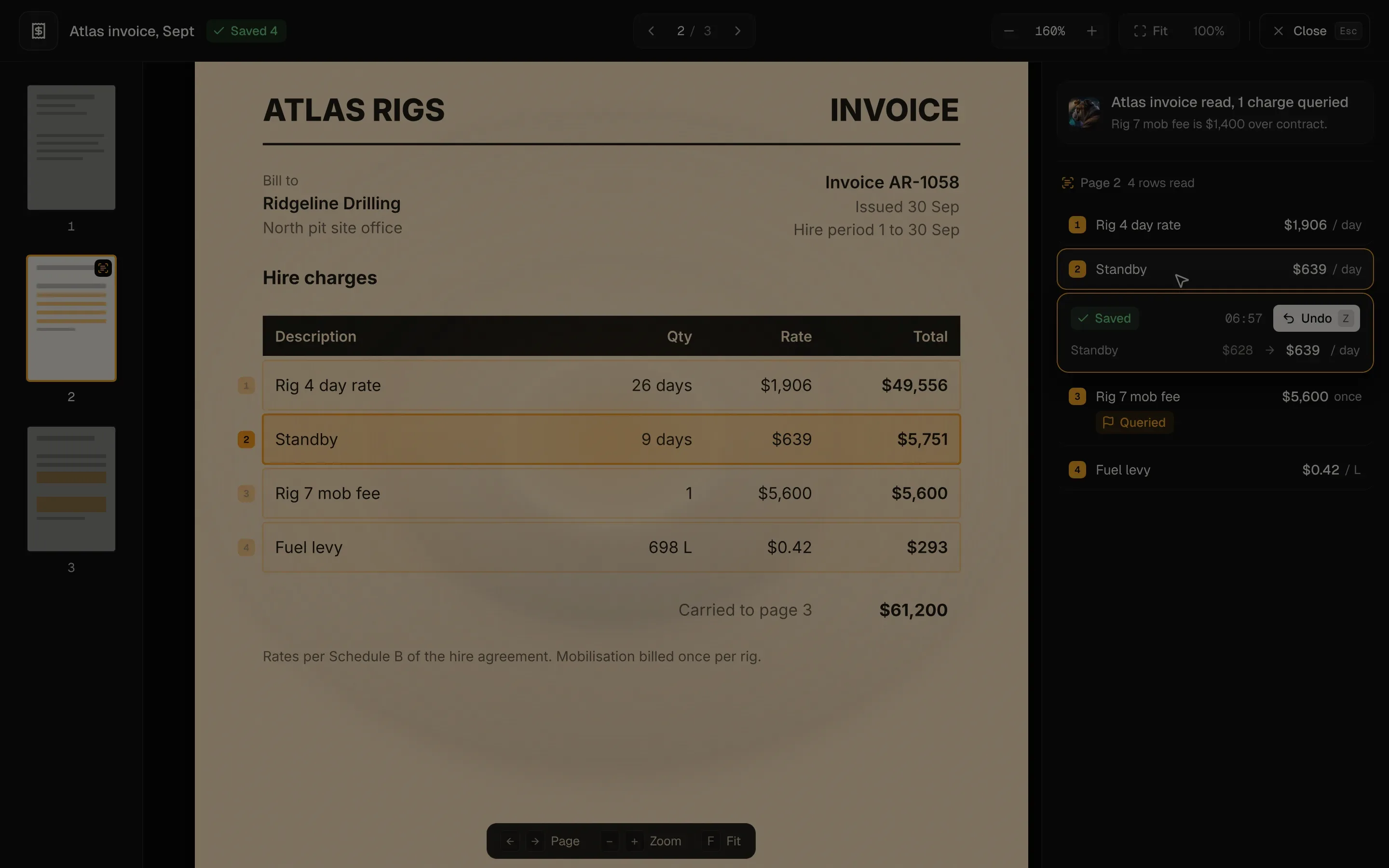 A paper invoice read by Big Dog, each line it read highlighted against its row