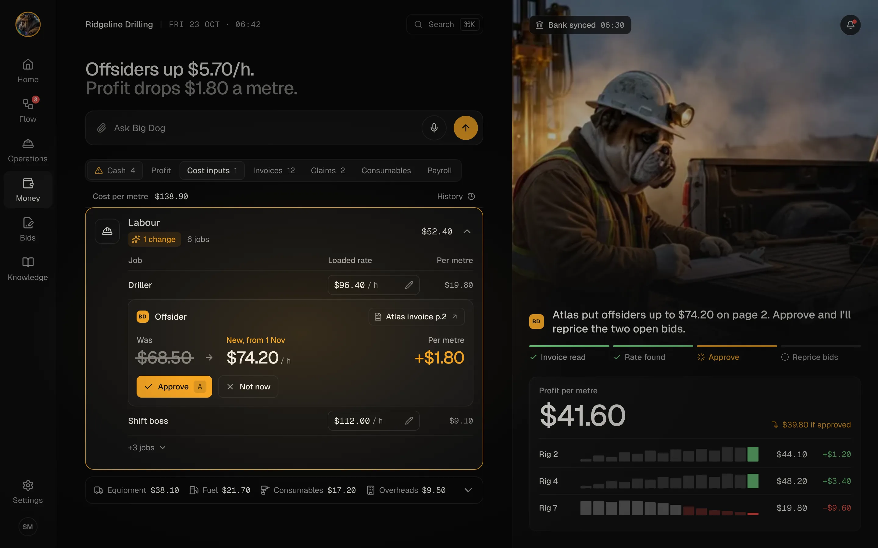 Big Dog OS cost inputs: a supplier raises a labor rate on an invoice, the cost per meter moves, and Big Dog offers to reprice the open bids