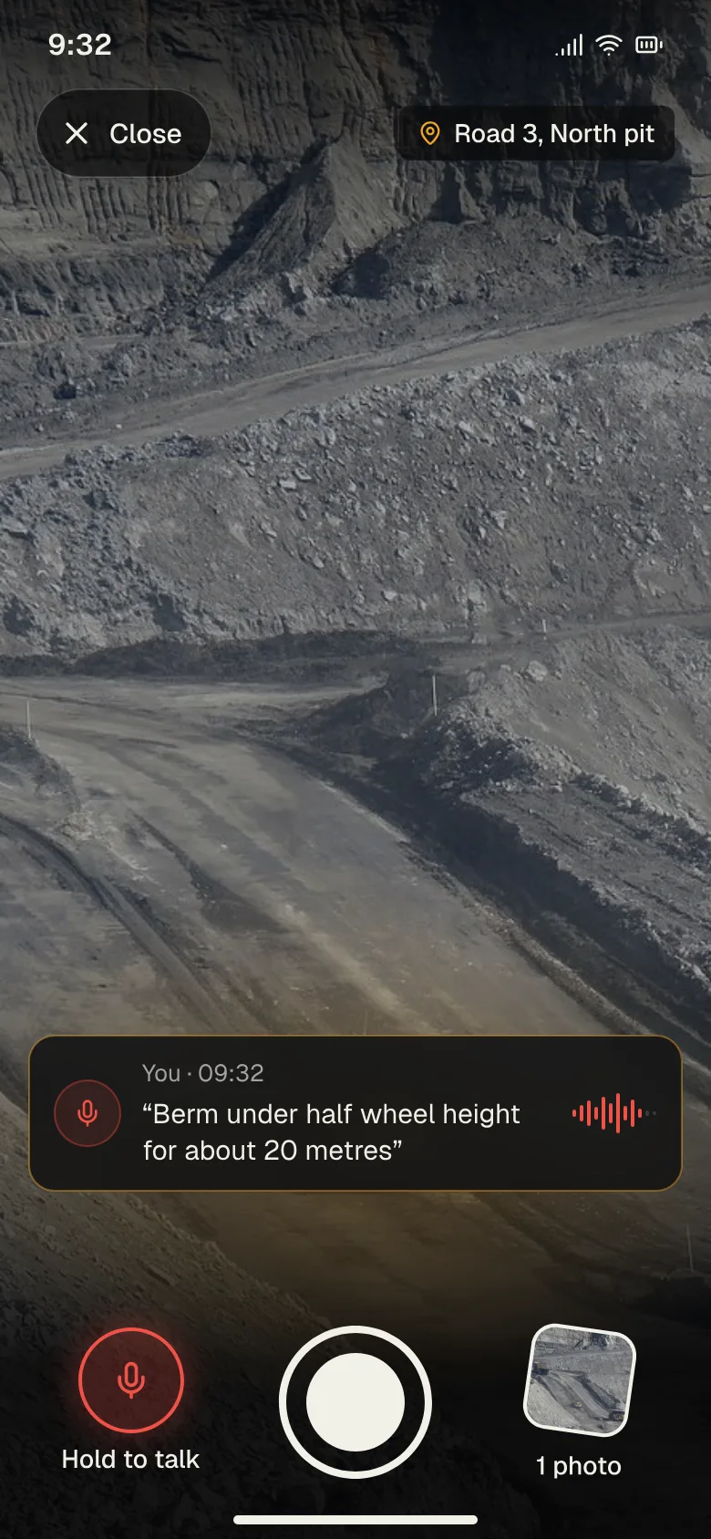 A phone camera adding a safety observation by voice while shooting the photo