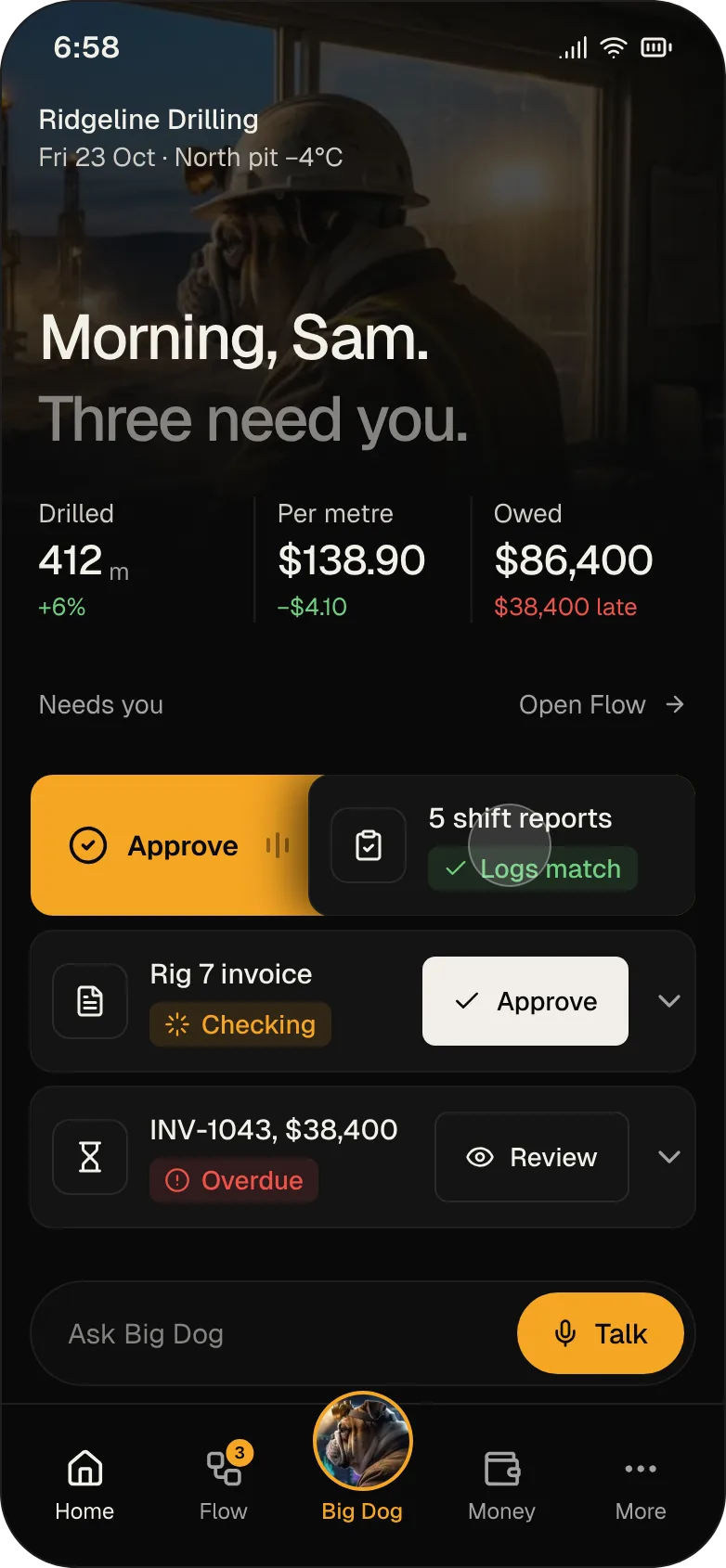 Phone: shift reports whose logs match, and a contractor invoice being checked before it is approved