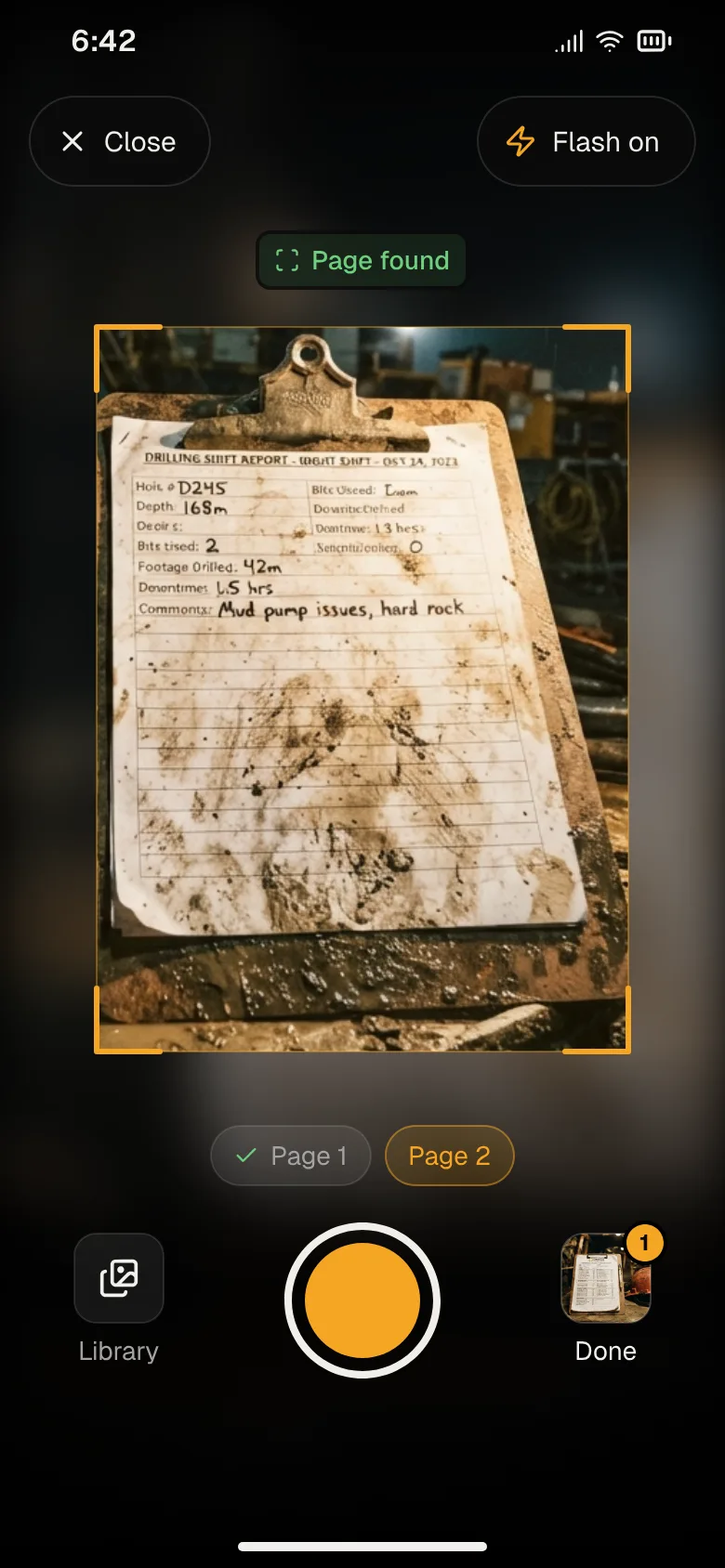 A phone camera finding the edges of a paper shift report so Big Dog can read and file it