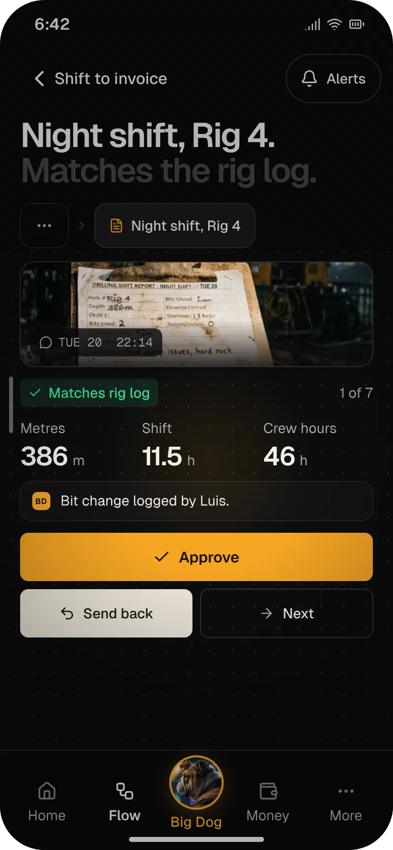 The night shift report for Rig 4 on a phone, read from the paper daily and checked against the rig log, waiting on Approve