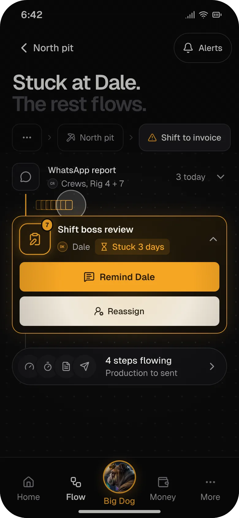 Phone: the flow stuck at the shift boss, with Remind and Reassign