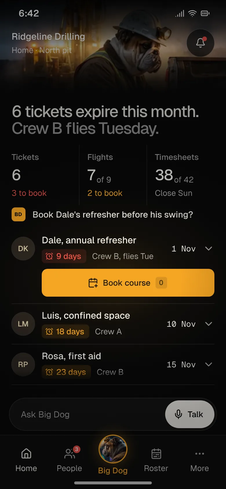 Phone People view: who is on shift, the tickets expiring and the crew flying out