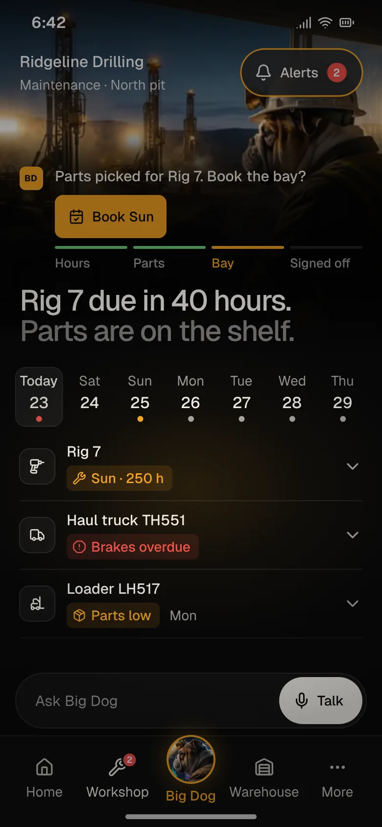 Phone Maintenance: the haul truck, loader and rig on site, with hours and what is due next