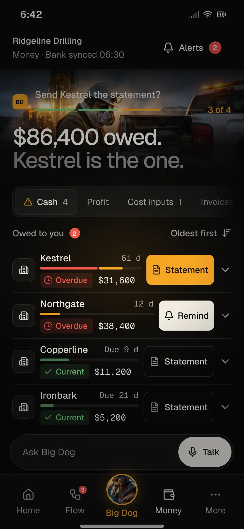 Money on a phone: 86,400 owed and the late customer at the top, its statement one tap from going out
