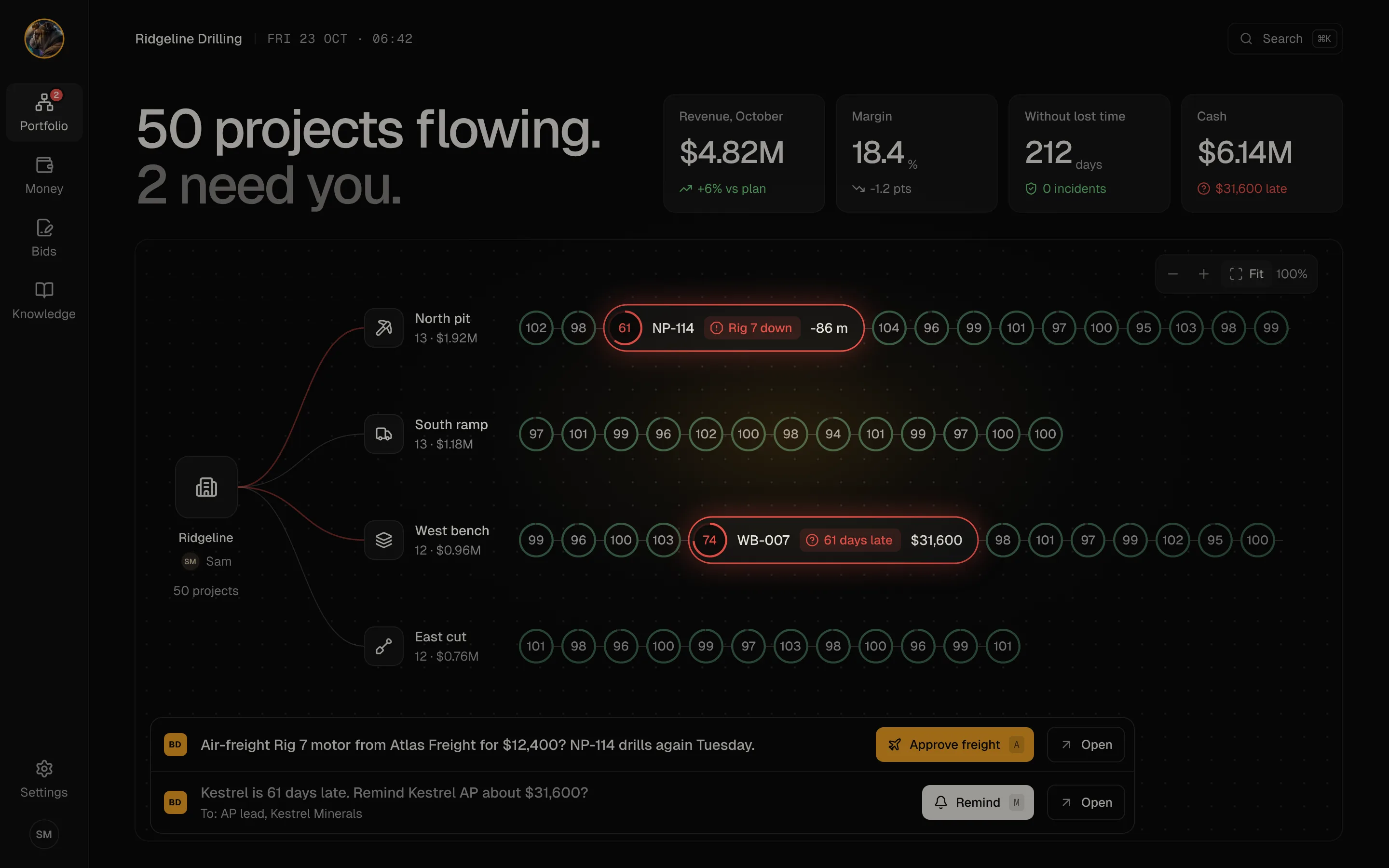 Big Dog OS portfolio: revenue, margin, lost time and cash across 50 projects, with the two that need you