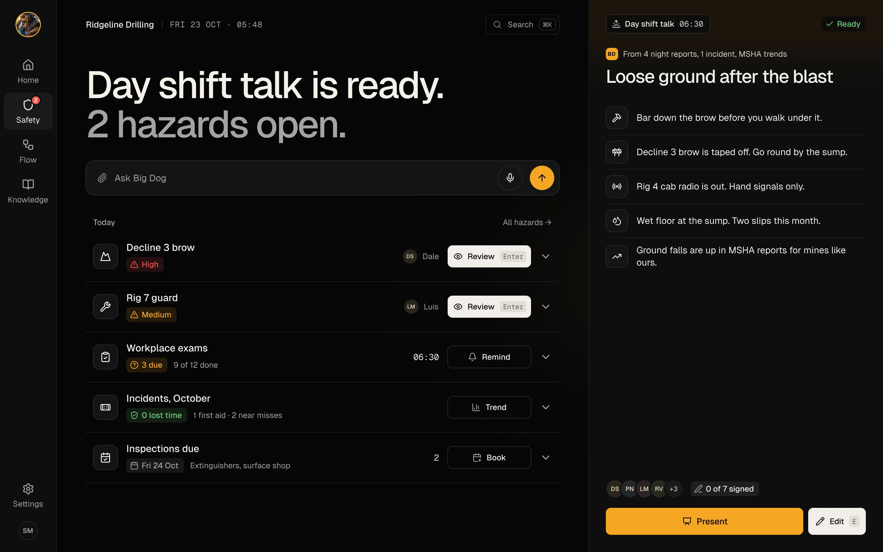 The safety page with the day shift talk ready