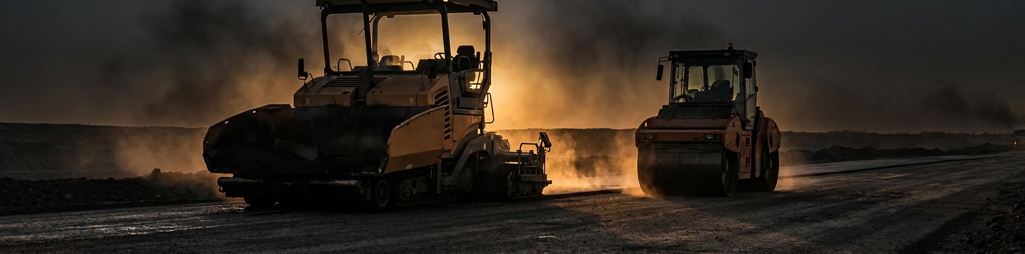An asphalt paver and a drum roller laying a hot mat on a mine site road at dusk, dust in the air