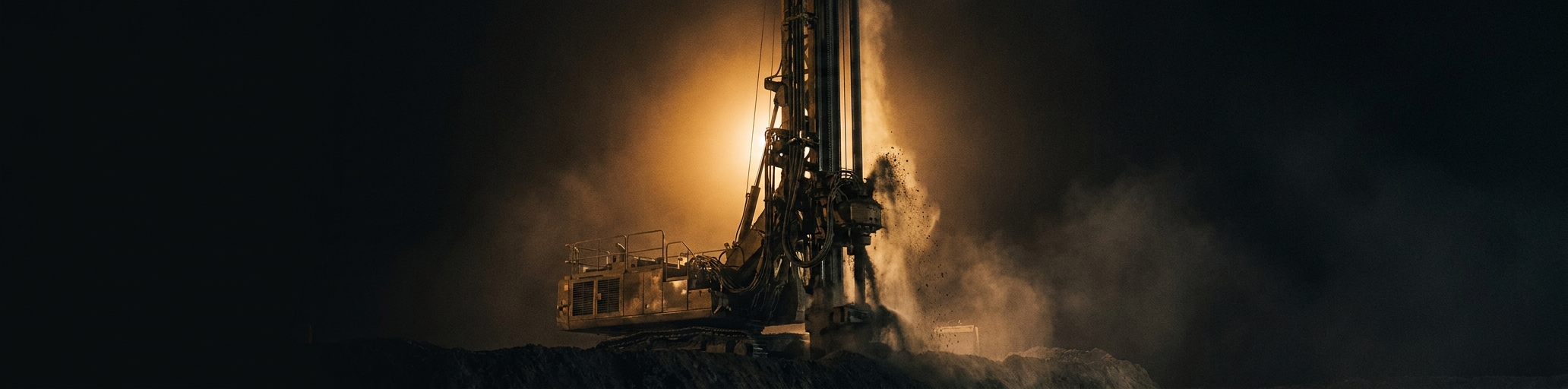 A blasthole drill rig working a bench in an open pit at night