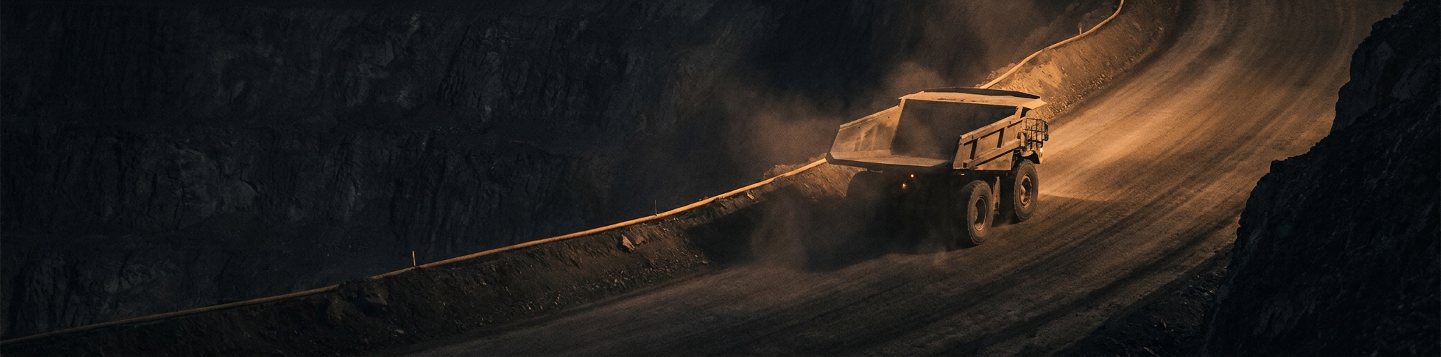 A banked haul road curving around an open pit wall with a safety berm