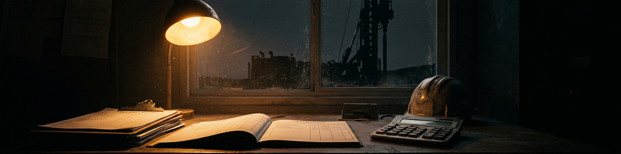 A contractor's site office at night with a job cost ledger, drill shift reports and a calculator under a work lamp