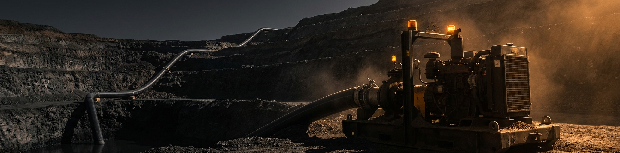 A dewatering pipeline running up a terraced pit wall from a sump