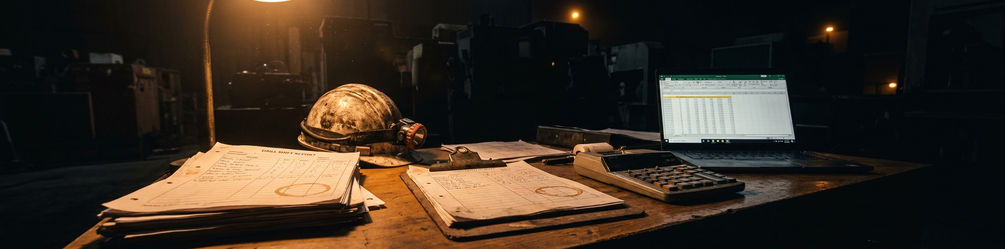 A mine site office desk at night with a stack of drill shift reports, a clipboard, a calculator and a laptop spreadsheet