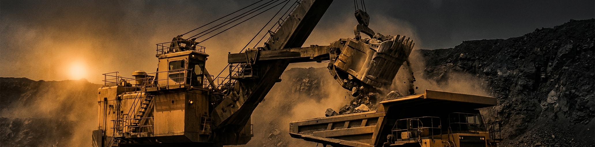 A hydraulic mining shovel loading a haul truck at a blasted rock face