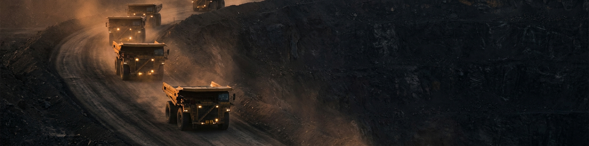 Haul trucks climbing a switchback ramp out of an open pit at dusk