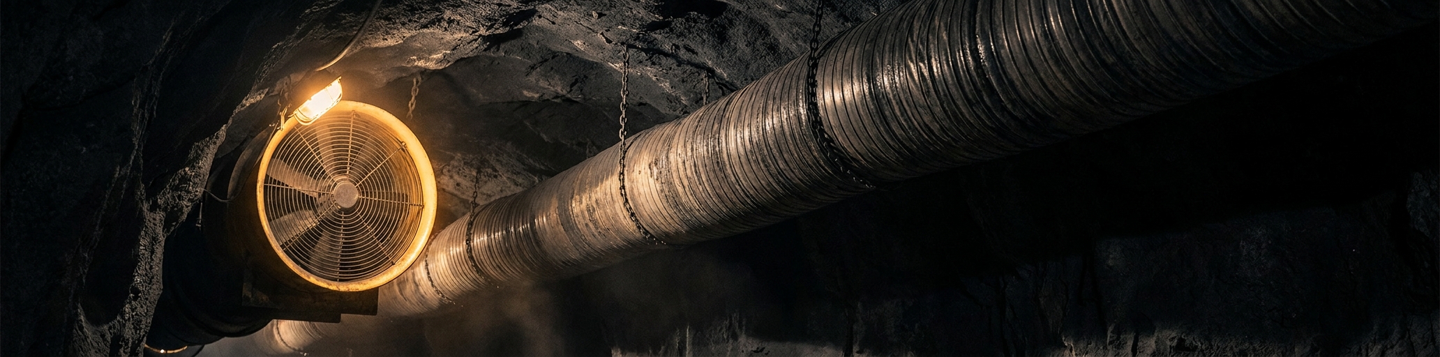 A ventilation duct running down an underground development heading toward the face