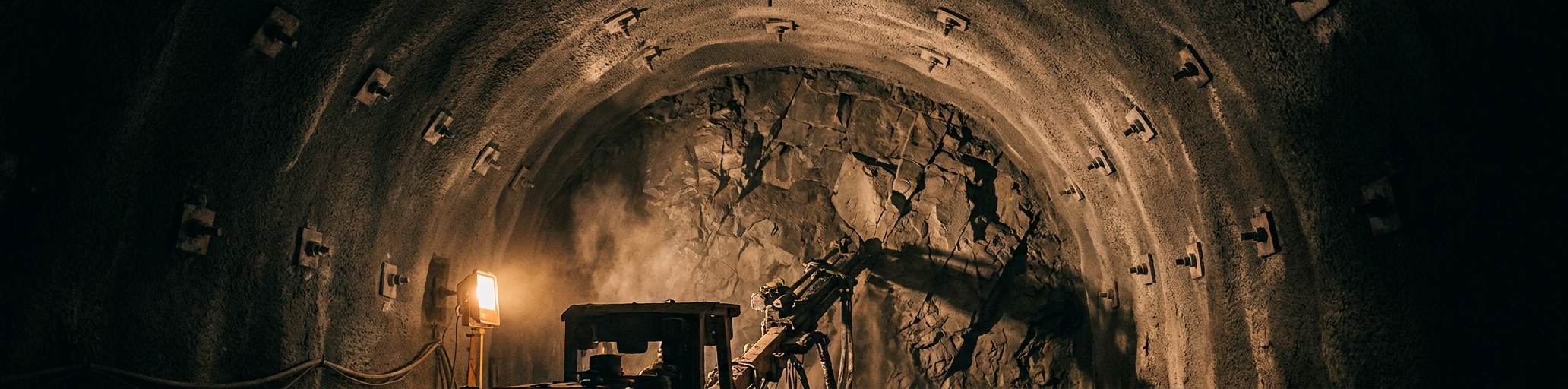 A bolted and shotcreted underground development heading with the rock mass exposed at the face