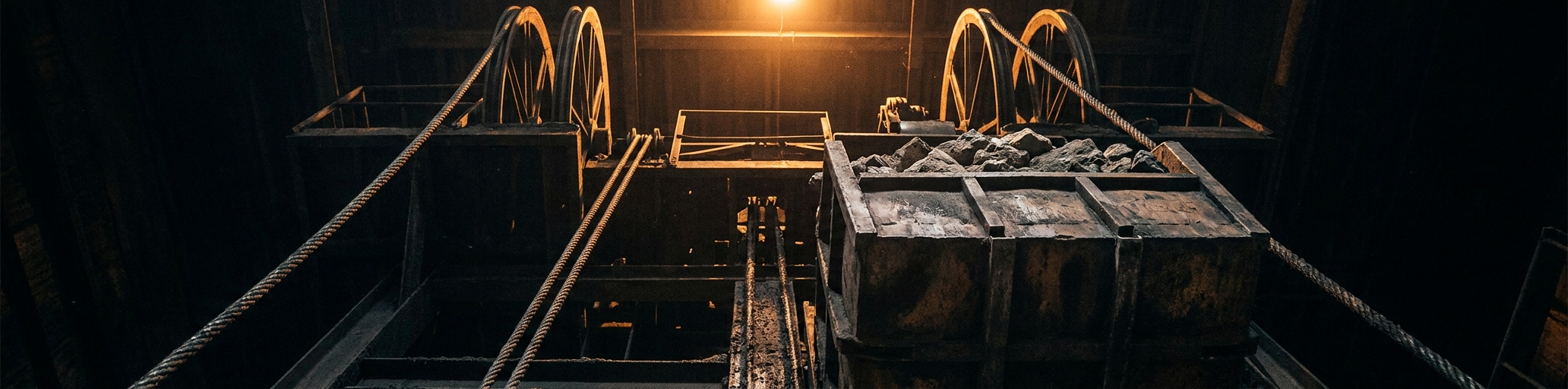 A mine skip being hoisted in a vertical shaft, headframe sheaves above
