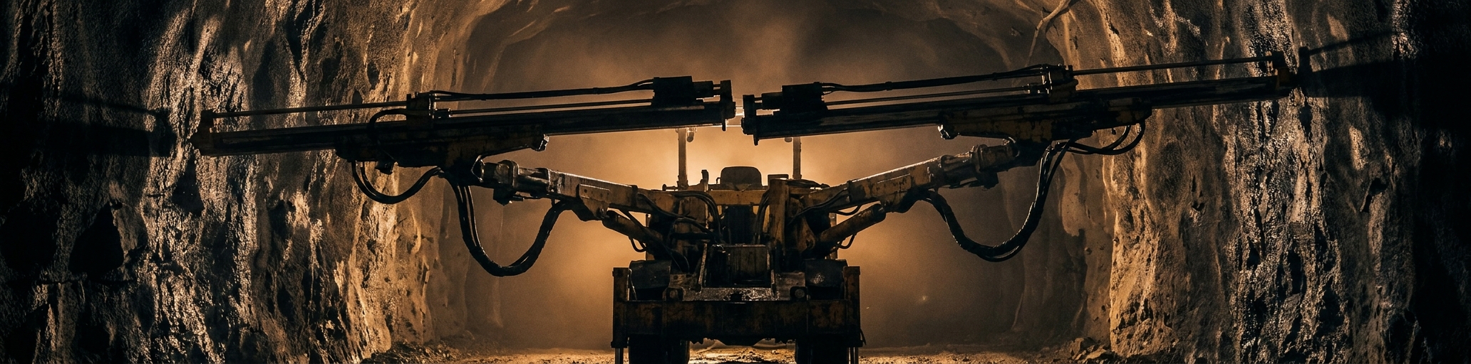 A twin-boom drill jumbo at the face of an underground development heading