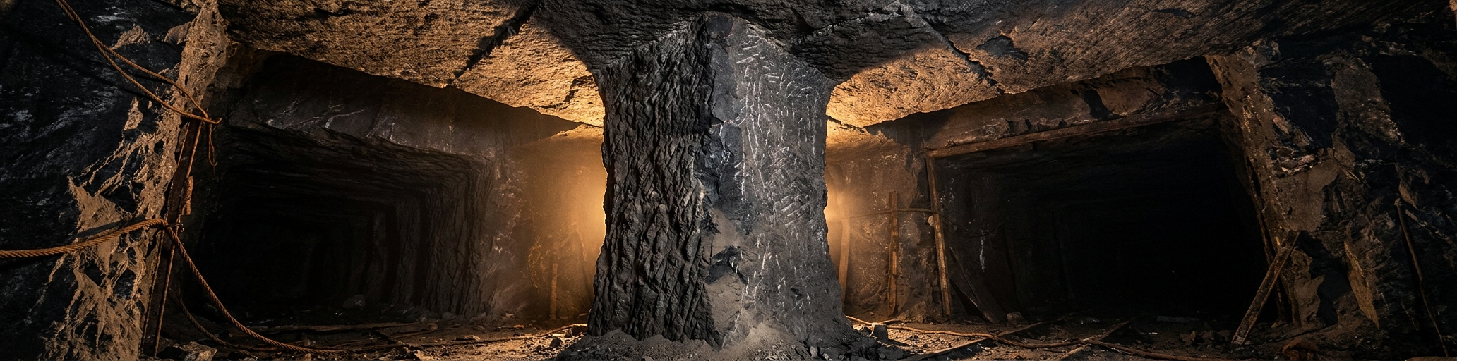 A square rock pillar standing between two mined rooms in an underground hard-rock mine