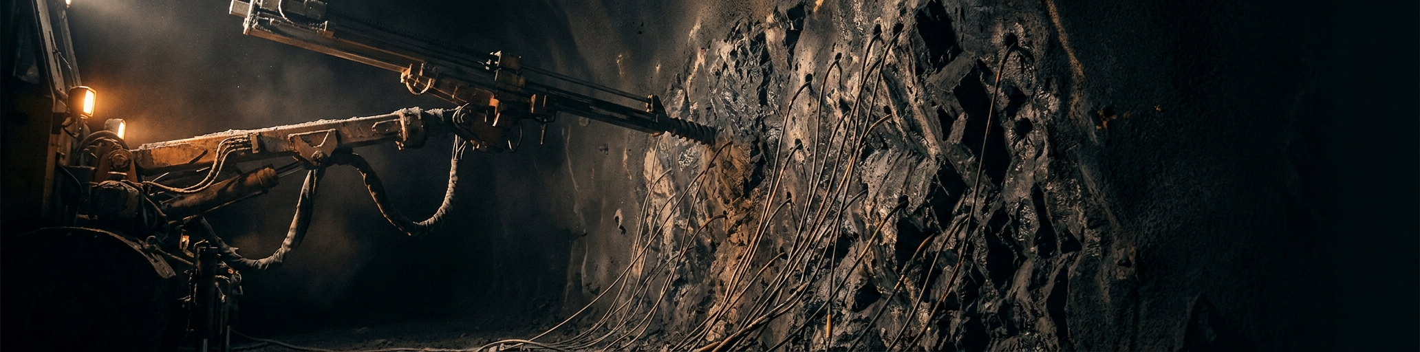 A charged development face underground, blastholes loaded, dust in the air